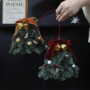 Mini Christmas tree bell ornament with green pine needles and red velvet ribbon