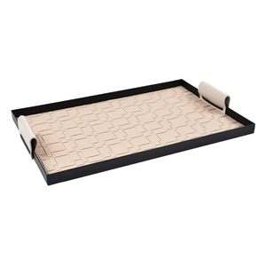 Rectangular black metal storage tray with beige woven leather lining and curved handles