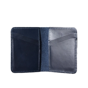 Handmade vintage genuine leather card holder in navy blue with multiple card slots