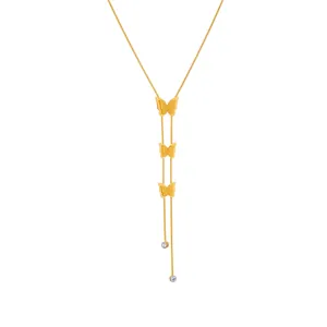 Collier élégant doré avec papillons mats et pendentifs en zircons bleus fins