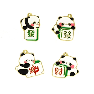 Lot de 4 breloques Panda Mahjong en alliage émaillé avec anneaux de suspension dorés