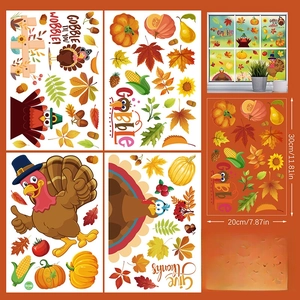Detail of 4-sheet Thanksgiving static window clings featuring turkey and maple leaf motifs