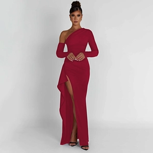 Elegant red one-shoulder long sleeve dress with side slit and pleated detailing