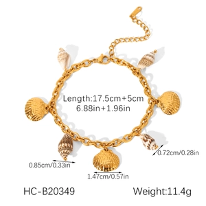 Detailed size specifications for gold shell charm bracelet including length and weight info
