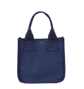 Detailansicht der kleinen dunkelblauen Canvas-Handtasche mit Doppelgriff und Metallverschluss