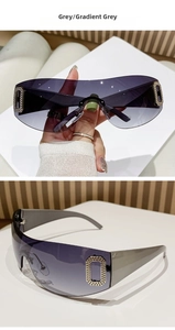 Detail of Y2K rimless sunglasses with gradient grey lenses and rhinestone accents