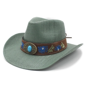 Western vintage straw cowboy hat in grey-green with floral leather band and turquoise buckle