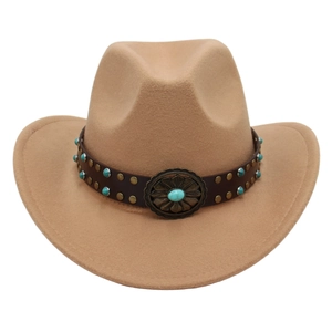 Detailed view of khaki felt cowboy hat with leather band and turquoise stone studs