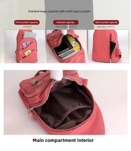 Detailed multi-pocket display of a pink nylon crossbody chest bag with metal zippers