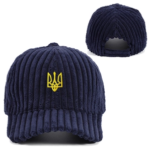 Dark blue corduroy baseball cap with yellow Ukraine trident embroidery in a front view