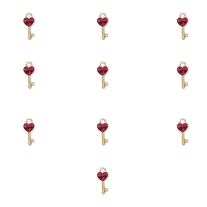 Set of 10 gold metal key pendants with red heart gemstones for DIY jewelry making