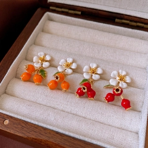 French Vintage Flower Fruit Dangle Earrings With Silver Earring Post Copper Enamel Pomegranate Persimmon For Women