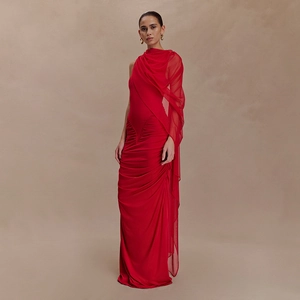 Elegant red one-shoulder mesh evening dress with waist pleats and bodycon silhouette