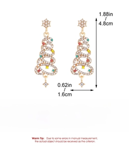 Detailed view showing dimensions of colorful rhinestone Christmas tree earrings in gold
