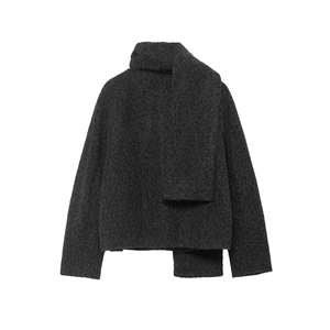 Deep grey winter short coat in textured bouclé wool with matching integrated scarf