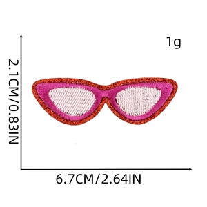 Detailed view of pink cat-eye sunglasses embroidery patch with precise size measurements