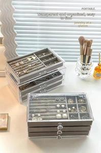 Close-up of transparent acrylic jewelry box with velvet lining for rings and earrings