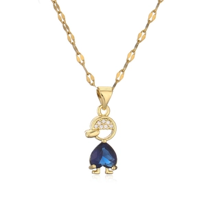 Micro-set zircon heart necklace with dark blue stone and gold hat pendant on white background