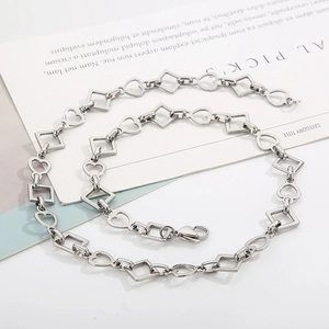 Polished silver stainless steel chain necklace with heart and square geometric links
