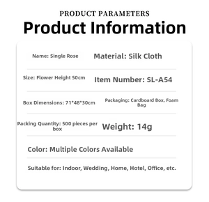 Detailed product specifications for 50cm silk artificial rose including material and size