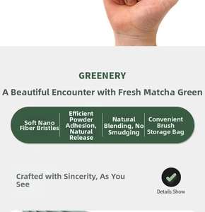 Detail of matcha green nano-fiber bristles showing high powder adhesion for makeup brushes
