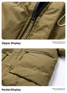 Detail of durable zipper and cargo pocket on green winter outdoor jacket with ripstop fabric