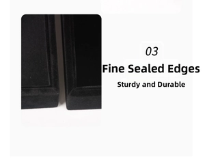 Detail of reinforced edges on black velvet jewelry display tray for long-term use