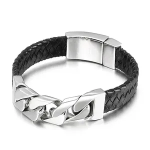 Men Braided Leather Bracelet With 316L Stainless Steel Cuban Chain Skull Motif Punk Biker Style Black Silver