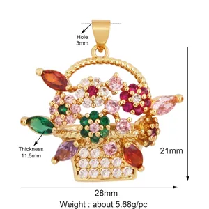 Macro shot of micro-pave flower basket charm with colorful zircon stones inlay