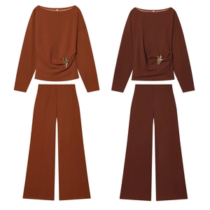 Women Boat Neck Long Sleeve Top And Wide Leg Pants Solid Color Metal Buckle Decor Casual Outfits