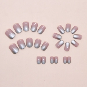 Short square press on nails with pink and silver gray cat eye gradient 24pcs set