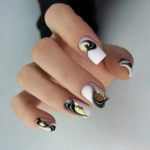 Abstract Black Gold Stripe Press On Nails White Marble Pattern Square Shape False Nails Manicure For Women