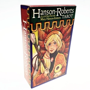 Close-up of Hanson-Roberts Tarot deck box showing side and front illustrated patterns