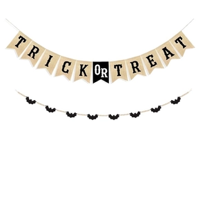 Halloween banner with burlap Trick or Treat flags and black wooden bead bat garland