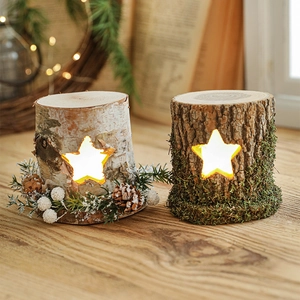 Christmas Wood Tree Trunk Table Lamp Star Hollow LED Desktop Ornament Birch Bark Rustic Forest Holiday Night Light
