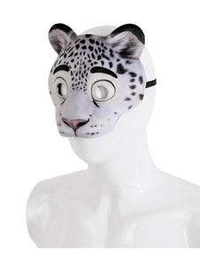 Detail view of plush Snow Leopard animal mask on mannequin head for Halloween party