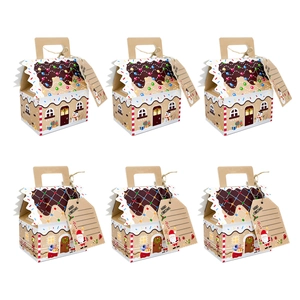 Set of 6 gingerbread house gift boxes with Merry Christmas tags on white background