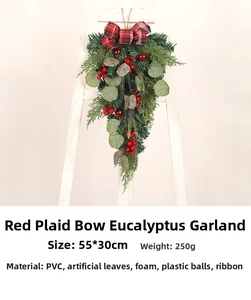 Detail of red plaid bow on eucalyptus hanging swag with dimensions 55x30cm
