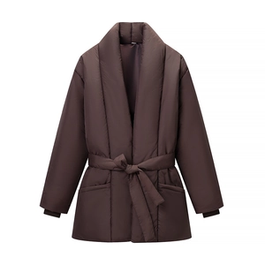 Women's dark brown tie-waist padded jacket with large lapels and mid-length windproof design