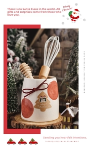 Christmas snowman ceramic jar set with wooden honey dipper on rustic log tray