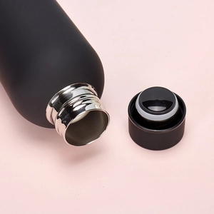 Black matte stainless steel insulated water bottle with open lid showing thread detail