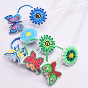 Colorful silicone butterfly and flower straw covers for 8mm reusable glass straws