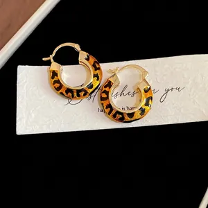 Leopard Print Hoop Earrings Copper 14K Gold Plated Round Geometric Vintage Enamel Ear Buckles For Women Retro