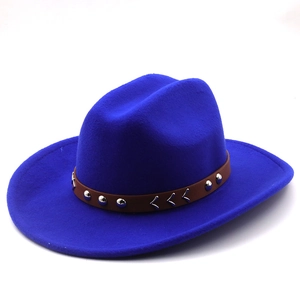 Royal blue wool felt fedora with wide brim and studded brown leather band for men and women