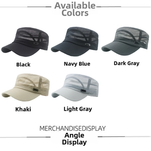 Breathable mesh flat top military caps displayed in black navy grey khaki and light grey