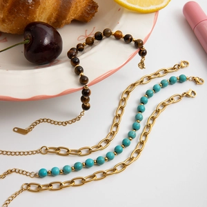 Stackable gold chain bracelet set with turquoise and tiger eye stone beads