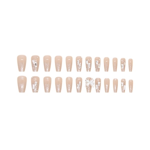 Elegant nude glitter press-on nails with 3D butterfly charm in ballerina coffin shape