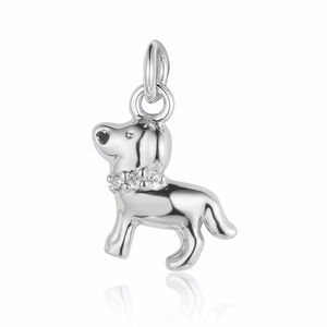 Polished silver dog pendant with cubic zirconia collar and top hanging loop