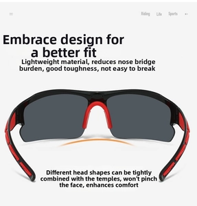 Detail of ergonomic cycling sunglasses with red anti-slip pads and flexible temples