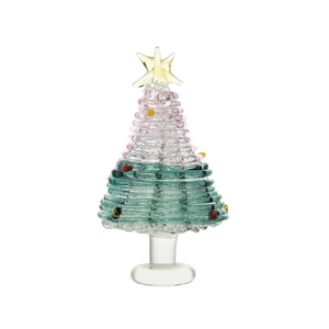 Handcrafted green and pink glass Christmas tree figurine with a yellow star and color beads